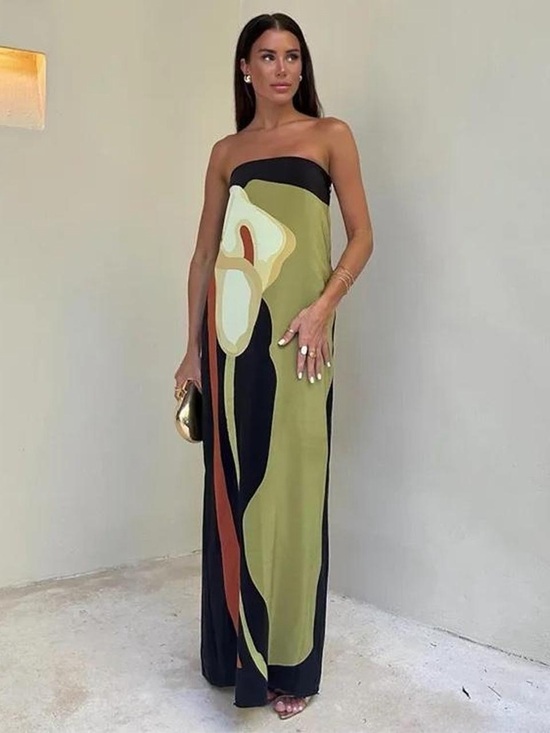 Dresses & Skirts - Strapless Maxi Dress in Olive Green Abstract Print